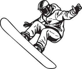 Black and White Graphic of Snowboarder In Mid-Air Performing Jump Maneuver