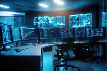 security system control room- workstation- monitoring room with security data center Empty office- desk and chairs. ai generative