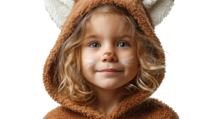 A smiling girl in a fox costume with face paint, looking adorable and playful.