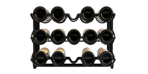 Metal wine rack with bottles on transparent png background