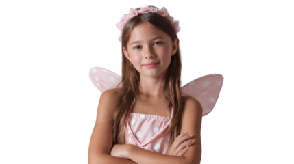 A charming girl dressed as a fairy poses in a soft pink outfit, smiling brightly.