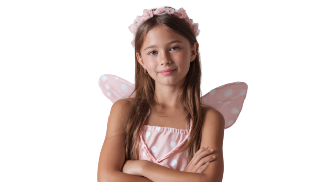 A charming girl dressed as a fairy poses in a soft pink outfit, smiling brightly.