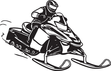 Graphic Monochrome Snowmobile Rider in Full Gear on a White Winter Background Scene