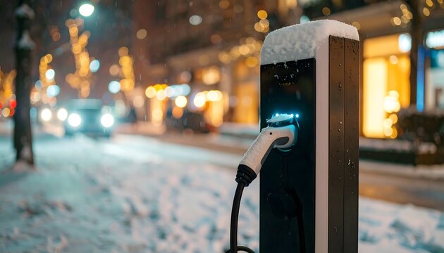 Close-up of a futuristic electric car charging station covered in light snow at night, glowing under soft ambient lighting in a winter urban environment - Powered by Adobe