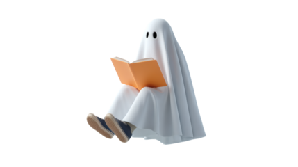 A whimsical ghost enjoys reading a book, perfect for Halloween-themed projects.