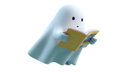 A surprised ghost reads a book, a whimsical and spooky scene!
