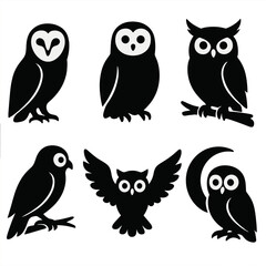 Fototapeta premium Iconic Owl Silhouettes. Solid style icons of owls: barn owl, snowy owl, horned owl, side view, perched on branch, eyes wide, wings