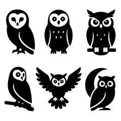 Iconic Owl Silhouettes. Solid style icons of owls: barn owl, snowy owl, horned owl, side view, perched on branch, eyes wide, wings