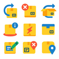 Returned Packages Icons. Flat vector icons of returned packages: box with return arrow, rejected delivery, repackage and resend.