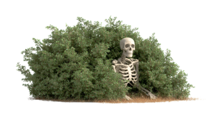A spooky skeleton peeks out from behind a green bush, perfect for Halloween
