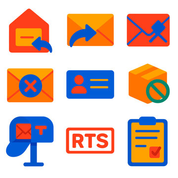 Vibrant Mail Icons. Flat vector icons of return mail: return address icon, envelope with arrow, undeliverable mail. marked