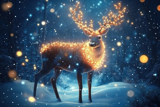 A magic festive reindeer covered in glowing lights in a winter scene. ai generative