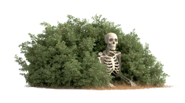 A spooky skeleton peeks out from behind a green bush, perfect for Halloween