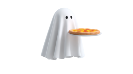 A friendly ghost offers a delicious pepperoni pizza on a white plate, ready to eat.