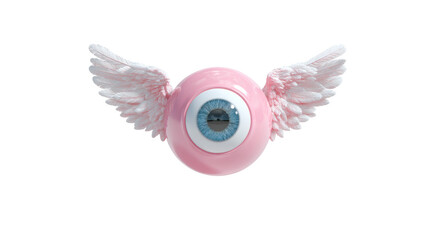 Fototapeta premium This dreamy image depicts a pink eye with wings, soaring against a dark background.