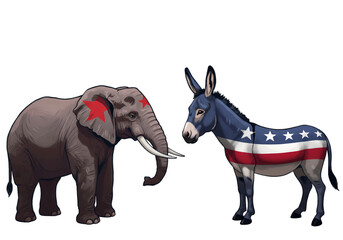 Political Illustration Of American Animals Elephant And Donkey With US Flag