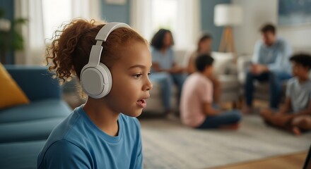 Concentrated young girl wearing white headphones, focusing on audio learning or music, with her family relaxing in the background of their home.