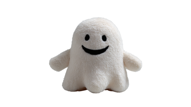 A friendly plush ghost smiles against a stark black backdrop, perfect for Halloween.