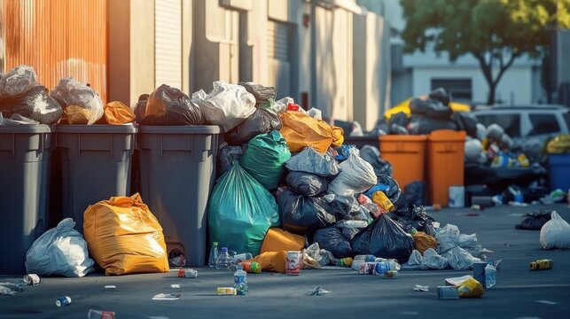 huge garbage piles next to the dumpsters- stacks of litter bags- overflow trash cans and bottles on the floor. ai generative