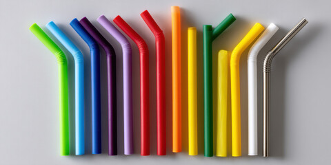 Top view of colorful reusable silicone straws arranged in rainbow pattern on white background for eco-friendly lifestyle concept 