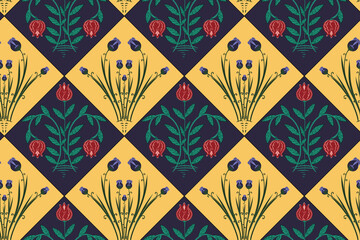 Floral seamless pattern with plants arranged in a checkerboard design.