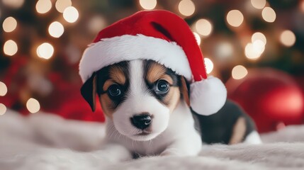 Cute Christmas dog wearing a red Santa hat sits on a blurred background. Christmas or New Year card.