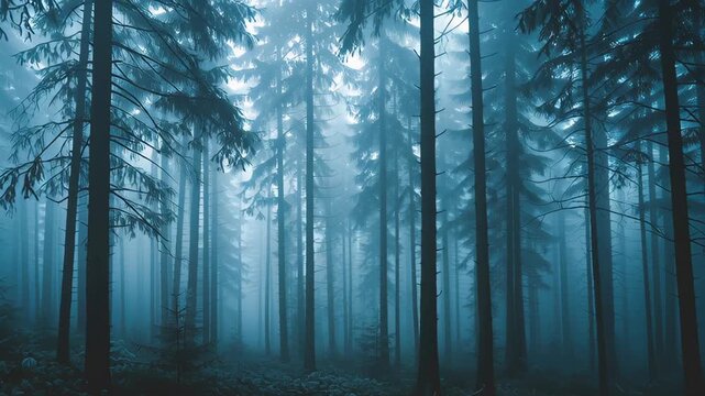 Dense Pine Forest Enveloped in Morning Mist Serene Nature Scene with Fog and Trees Creating Mysterious Atmosphere