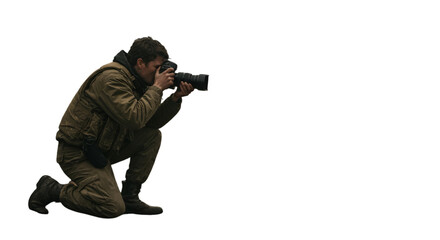 Fototapeta premium Professional Photographer Taking Photo With Camera On Black Background