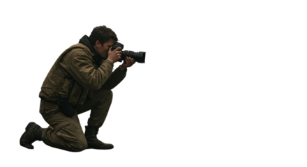 Professional Photographer Taking Photo With Camera On Black Background