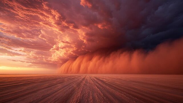 Vast Desert Landscape Under Orange and Pink Sunset with Dramatic Clouds and Sandstorm Approaching in Stunning Display