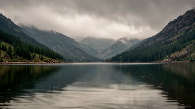 Serene and Moody Atmosphere Still Mountain Lake Reflecting Overcast Sky with Lush Green Forests and Rugged Peaks