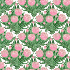 Tulips in folk-art style seamless pattern.