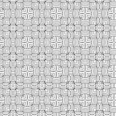 Fototapeta premium Monochrome geometric seamless pattern concept. Abstract black and white line art vector background with intricate, symmetrical ornamental shapes.
