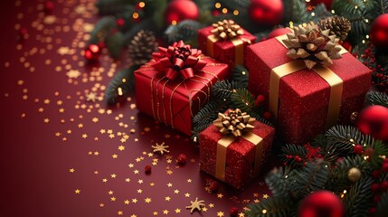 Christmas banner. Realistic gold gift box with red bow, pine branches, golden stars and glitter confetti. Xmas background, cover, poster, greeting cards, headers website.