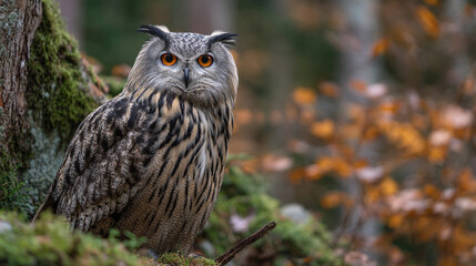 Obraz premium A majestic eurasian eagle owl perched on a mossy branch in a blurred forest scene