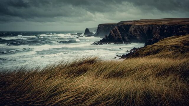 Dramatic Coastal Cliffs with Jagged Edges and Stormy Sky Waves Crashing Against Shore Creating Wild Rugged Landscape