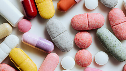 Pile of assorted colorful pills and tablets in various shapes and sizes arranged on a clean white background, close-up with soft lighting highlighting texture and color