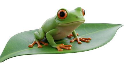 Naklejka premium Realistic 3D Render of a Green Frog with Orange Eyes on a Leaf Isolated