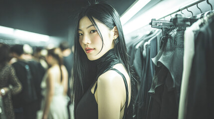 A young woman with long black hair stands in a modern, dimly lit clothing store, glancing back over her shoulder amidst racks of garments and blurred shoppers.