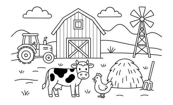 Charming farm scene with barn, cow, and windmill in black and white line art style