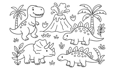 Cute dinosaur outline art with volcano and tropical plants for kids