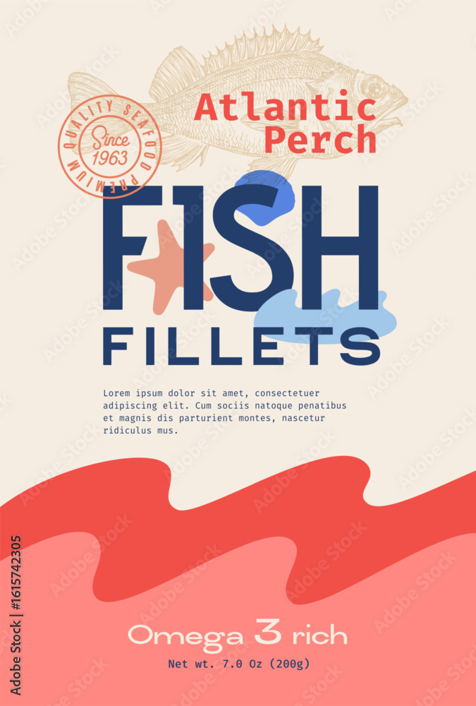 Canvas Prints seafood fish vector label design package background layout template. hand drawn haddock illustration