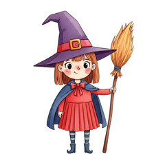 Cute little witch with a broomstick isolated on transparent background