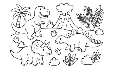 Delightful dinosaur coloring page with a playful prehistoric scene for kids
