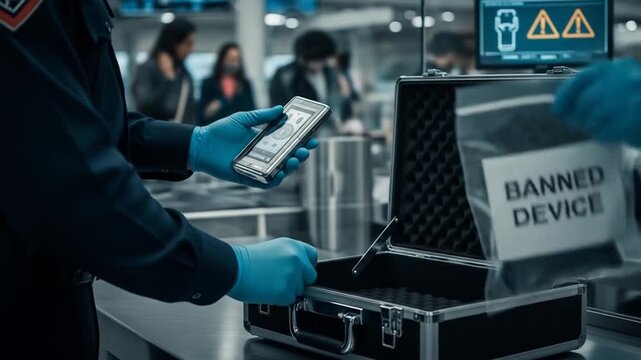 Airport Security Screening with Banned Device Confiscation and Warning Signs