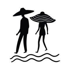 Two people in wide brim hats walking on wavy lines