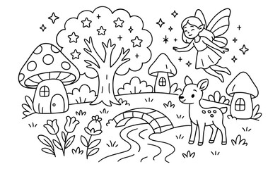 Whimsical fairyland coloring page with fairy, deer, and mushroom houses