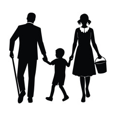 Family silhouette walking together holding hands with father using a cane and mother carrying a bucket