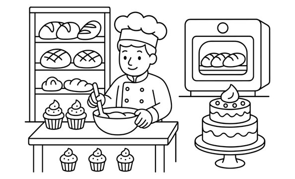 baker mixing ingredients, baking bread and cake clip art preview