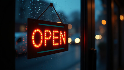 A vibrant red illuminated OPEN sign hanging on a storefront glass window on a rainy night, with blurry city lights creating a bokeh background